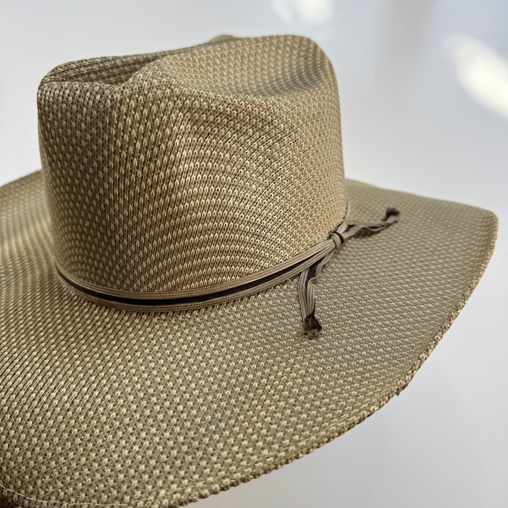 RANCH AND RING Woven Cowboy Hat Outback Adult‎ 6 3/4 Ribbon Tie Band Tan Rancher